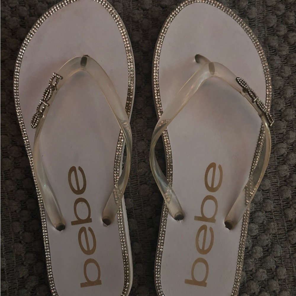 Bebe Women's White Flip Flops with Rhinestone Accents